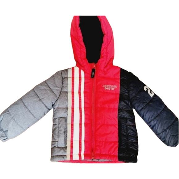 LONDON FOG BLK RED PUFFY HOODED JACKET SIZE 2T - Picture 1 of 14